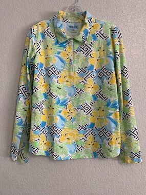Ibkul Shirt Top Womens L Performance Floral Print Golf Tennis Pickleball 1/4 Zip